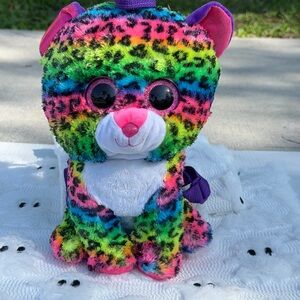 Rainbow Leopard Cat Plush Backpack Kids Stuffed Animal Bag Purple Straps Cute